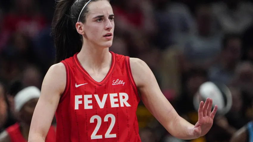 Indiana Fever guard Caitlin Clark (22) reacts to a call during a game between the Indiana Fever and the Chicago Sky on Saturday, June 1, 2024, at Grainbridge Fieldhouse in Indianapolis.