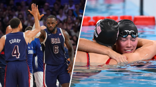 Team USA's Stephen Curry and Lebron James (left) and Gretchen Walsh and Torri Huske (right).