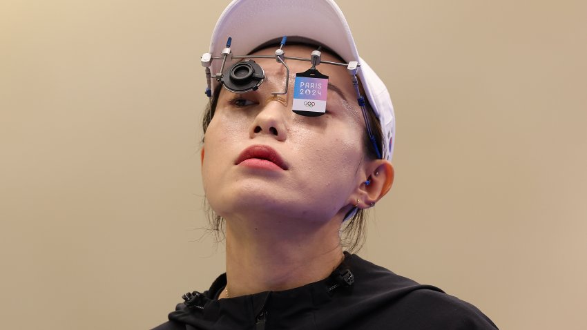 Kim Yeji of Team Republic of Korea prepares to shoot during the Women's 10m Air Pistol Final on day two of the Olympic Games Paris 2024 at Chateauroux Shooting Centre on July 28, 2024 in Chateauroux, France.