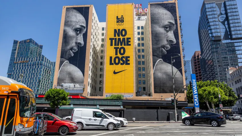 A billboard by Nike in downtown Los Angeles, commemorating Kobe Bryant ahead of the annual Mamba League Invitational, as well as the 2028 Olympics that will be held in the City of Angels.