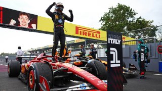 Race winner Charles Leclerc of Monaco and Ferrari celebrates