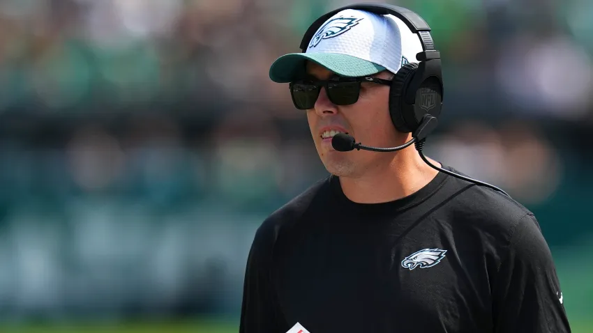 PHILADELPHIA, PENNSYLVANIA – AUGUST 24: Offensive coordinator Kellen Moore of the Philadelphia Eagles looks on against the Minnesota Vikings during the preseason game at Lincoln Financial Field on August 24, 2024 in Philadelphia, Pennsylvania. The Vikings defeated the Eagles 26-3. (Photo by Mitchell Leff/Getty Images)