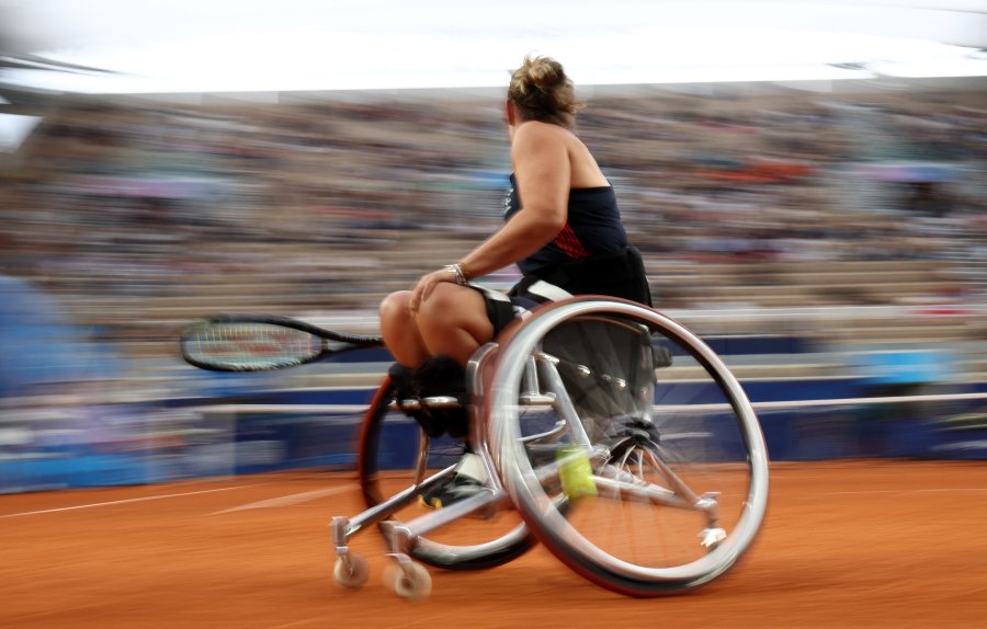 Britain's Lucy Shuker competes in the 1st round of the women's wheelchair doubles tennis match against Netherlands on the Court Suzanne Lenglen at the Roland-Garros Stadium during the Paris 2024 Paralympic Games in Paris on August 30 2024