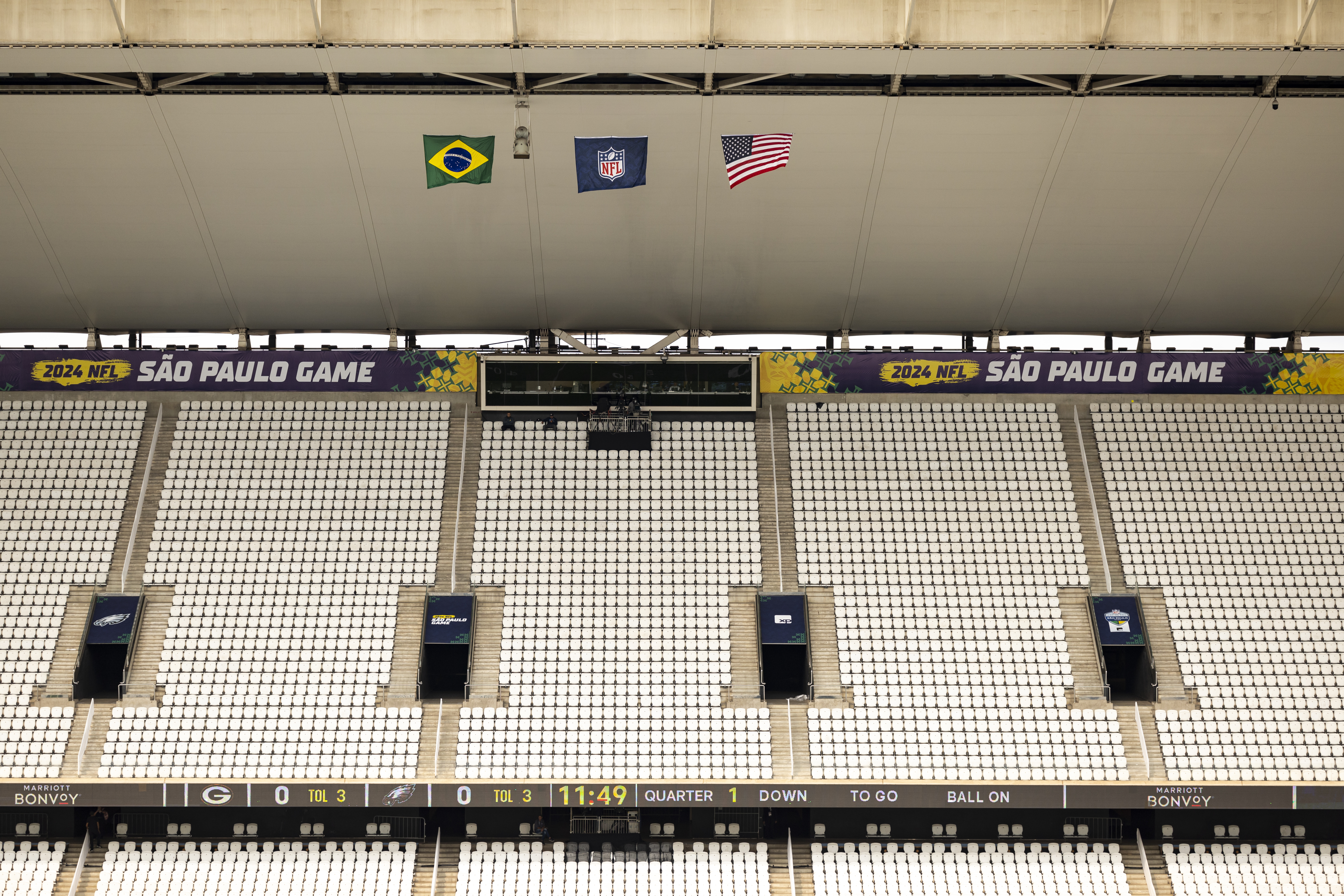 SÃO PAULO, BRAZIL – SEPTEMBER 6: A detail view the interior of the Arena Corinthians prior to an NFL game between the Green Bay Packers and the Philadelphia Eagles, at Arena Corinthians on September 6, 2024 in Sao Paulo, Brazil. (Photo by Brooke Sutton/Getty Images)