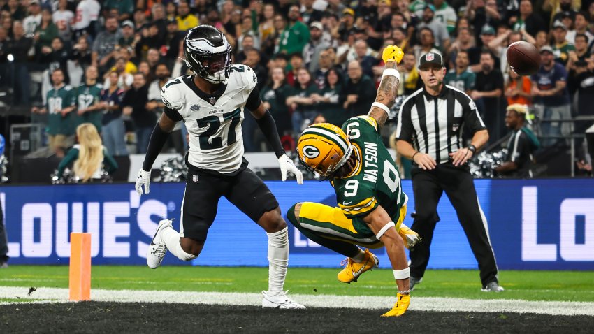 SÃO PAULO, BRAZIL – SEPTEMBER 6: Wide receiver Christian Watson #9 of the Green Bay Packers misses a touchdown pass under tight coverage by cornerback Quinyon Mitchell #27 of the Philadelphia Eagles during the first quarter of an NFL football game, at Arena Corinthians on September 6, 2024 in Sao Paulo, Brazil. (Photo by Brooke Sutton/Getty Images)