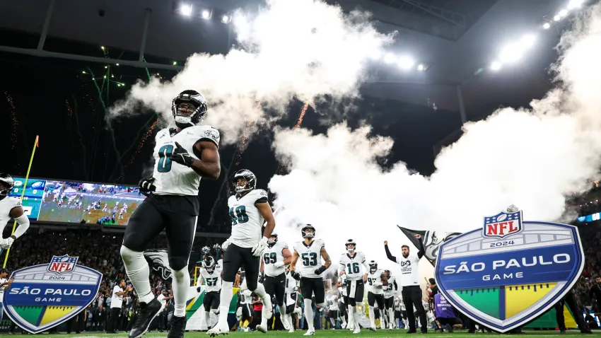 SÃO PAULO, BRAZIL – SEPTEMBER 6: Defensive end Bryce Huff #0 of the Philadelphia Eagles and linebacker Patrick Johnson #48 enter the field during player introductions prior to an NFL football game against the Green Bay Packers, at Arena Corinthians on September 6, 2024 in Sao Paulo, Brazil. (Photo by Brooke Sutton/Getty Images)