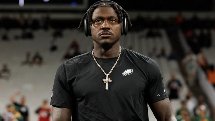 SÃO PAULO, BRAZIL – SEPTEMBER 6: Wide receiver A.J. Brown #11 of the Philadelphia Eagles warms up prior to an NFL football game against the Green Bay Packers, at Arena Corinthians on September 6, 2024 in Sao Paulo, Brazil. (Photo by Brooke Sutton/Getty Images)