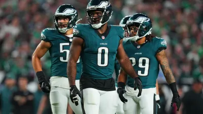 PHILADELPHIA, PENNSYLVANIA – SEPTEMBER 16: Bryce Huff #0 of the Philadelphia Eagles looks on against the Atlanta Falcons at Lincoln Financial Field on September 16, 2024 in Philadelphia, Pennsylvania. (Photo by Mitchell Leff/Getty Images)