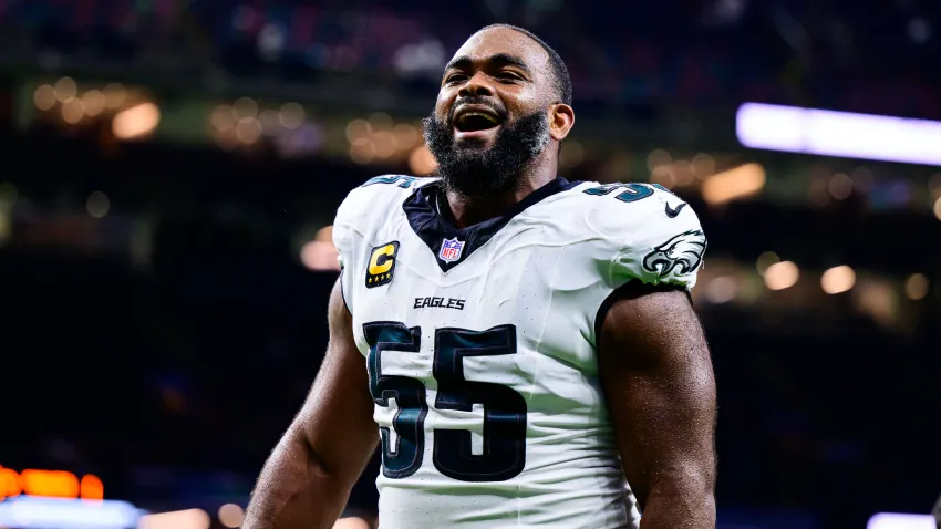 NEW ORLEANS, LOUISIANA – SEPTEMBER 22: Brandon Graham #55 of the Philadelphia Eagles celebrates a win against the New Orleans Saints at Caesars Superdome on September 22, 2024 in New Orleans, Louisiana. (Photo by Gus Stark/Getty Images)