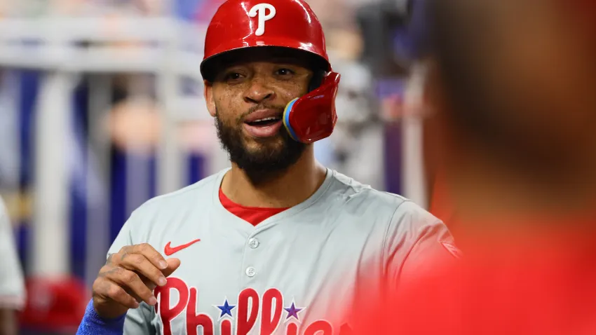 Sep 6, 2024; Miami, Florida, USA; Philadelphia Phillies shortstop Edmundo Sosa (33) celebrates after scoring during the ninth inning against the Miami Marlins at loanDepot Park. Mandatory Credit: Sam Navarro-Imagn Images