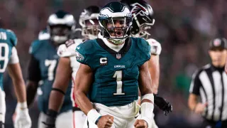 Sep 16, 2024; Philadelphia, Pennsylvania, USA; Philadelphia Eagles quarterback Jalen Hurts (1) reacts against the Atlanta Falcons during the fourth quarter at Lincoln Financial Field. Mandatory Credit: Bill Streicher-Imagn Images