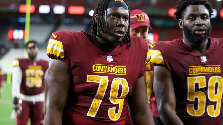 CLEVELAND, OH – AUGUST 11: Washington Commanders guard Braeden Daniels (79) leaves the field following the National Football League preseason game between the Washington Commanders and Cleveland Browns on August 11, 2023, at Cleveland Browns Stadium in Cleveland, OH. (Photo by Frank Jansky/Icon Sportswire via Getty Images)