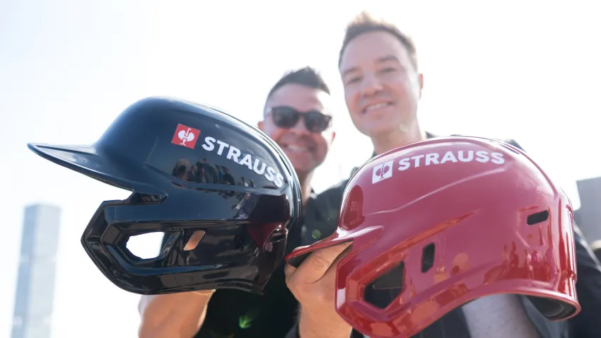 NEW YORK, NY – SEPTEMBER 13: Henning Strauss and Nick Swisher hold up batting helmets with Strauss branding during the Strauss x MLB Announcement on Friday, September 13, 2024 in New York, New York. (Photo by Dustin Satloff/MLB Photos via Getty Images)