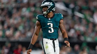 PHILADELPHIA, PENNSYLVANIA – SEPTEMBER 16: Nolan Smith Jr. #3 of the Philadelphia Eagles looks on during an NFL football game between the Philadelphia Eagles and the Atlanta Falcons at Lincoln Financial Field on September 16, 2024 in Philadelphia, Pennsylvania. (Photo by Michael Owens/Getty Images)