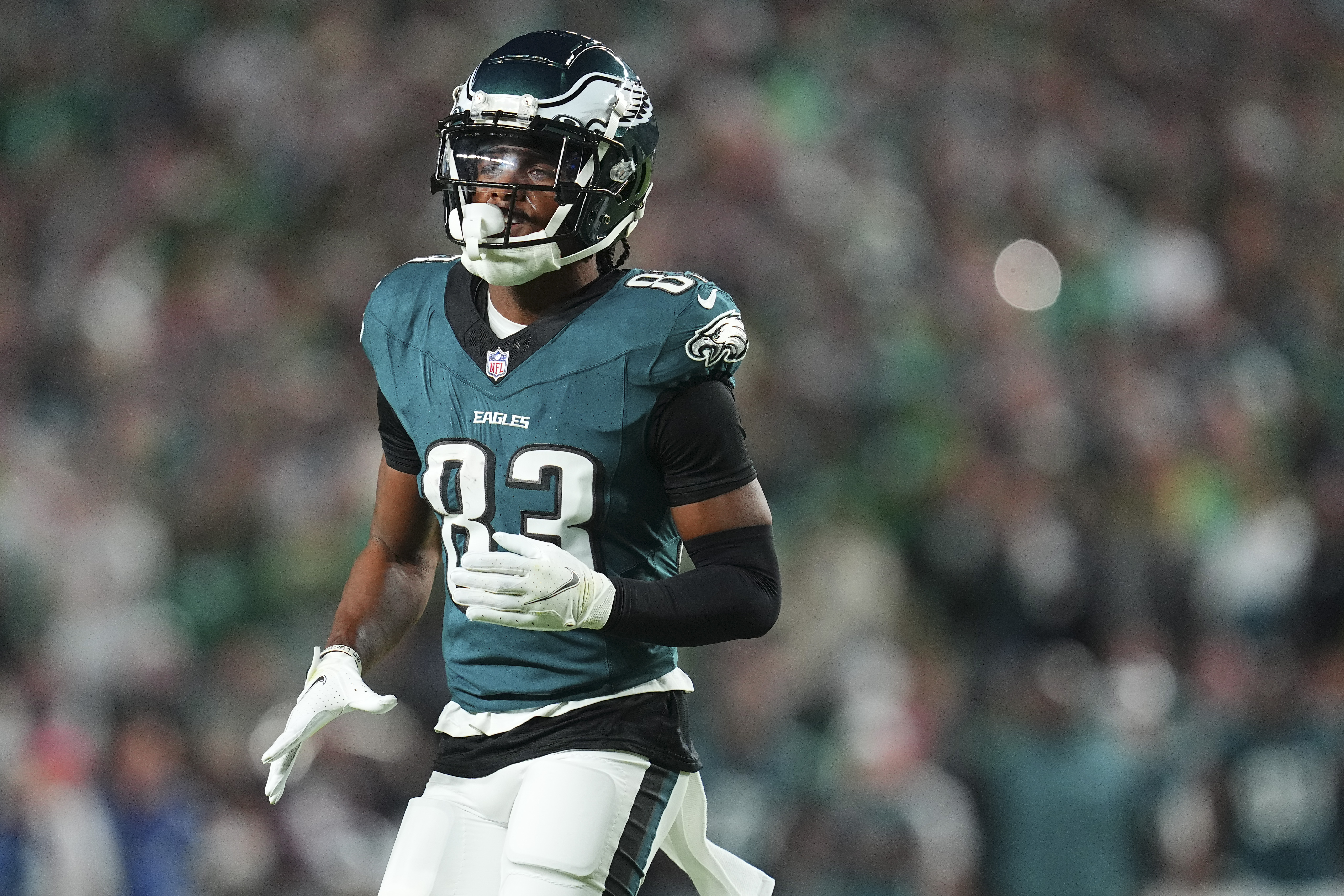PHILADELPHIA, PENNSYLVANIA – SEPTEMBER 16: Jahan Dotson #83 of the Philadelphia Eagles looks on against the Atlanta Falcons at Lincoln Financial Field on September 16, 2024 in Philadelphia, Pennsylvania. (Photo by Mitchell Leff/Getty Images)