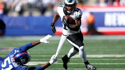 EAST RUTHERFORD, NEW JERSEY – OCTOBER 20: Kenneth Gainwell #14 of the Philadelphia Eagles in action against the New York Giants at MetLife Stadium on October 20, 2024 in East Rutherford, New Jersey. (Photo by Luke Hales/Getty Images)