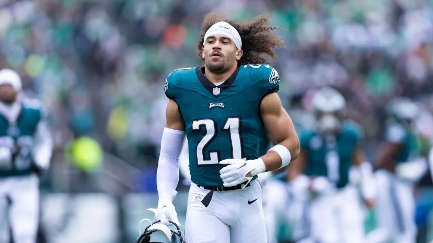 Dec 31, 2023; Philadelphia, Pennsylvania, USA; Philadelphia Eagles safety Sydney Brown (21) before action against the Arizona Cardinals at Lincoln Financial Field. Mandatory Credit: Bill Streicher-USA TODAY Sports