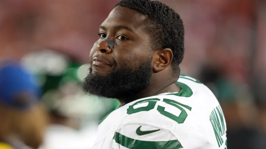 Sep 9, 2024; Santa Clara, California, USA; New York Jets guard Xavier Newman (65) during the fourth quarter against the San Francisco 49ers at Levi’s Stadium. Mandatory Credit: Darren Yamashita-Imagn Images