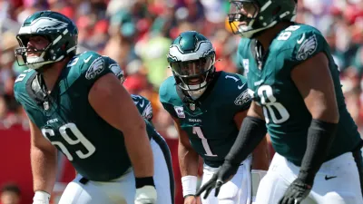 Sep 29, 2024; Tampa, Florida, USA; Philadelphia Eagles quarterback Jalen Hurts (1) looks on against the Tampa Bay Buccaneers during the second half at Raymond James Stadium. Mandatory Credit: Kim Klement Neitzel-Imagn Images