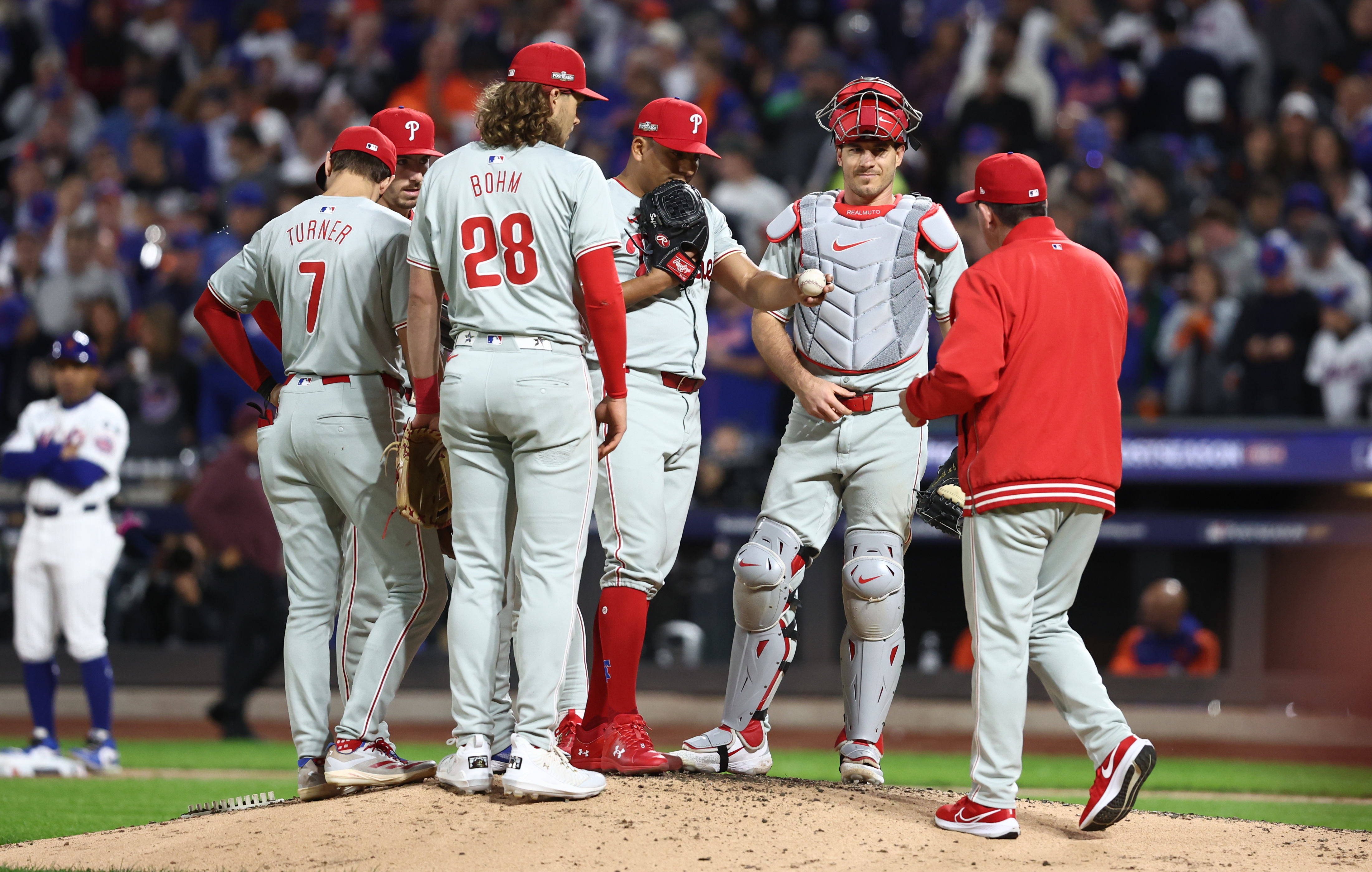 Oct 9, 2024; New York, New York, USA; Philadelphia Phillies manager Rob Thomson relieves pitcher Ranger Suarez (55) against the New York Mets in the fifth inning in game four of the NLDS for the 2024 MLB Playoffs at Citi Field. Mandatory Credit: Wendell Cruz-Imagn Images