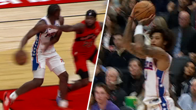 Tyrese Maxey with a nasty behind the back pass to Kelly Oubre Jr. for three!