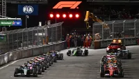 The starting grid prepares for the start of the Formula One Las Vegas Grand Prix