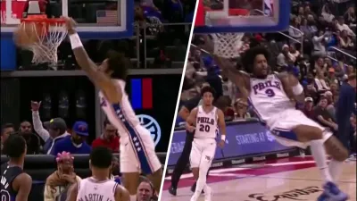 Kelly Oubre Jr. soars for a monstrous dunk off of Tyrese Maxey's perfect feed