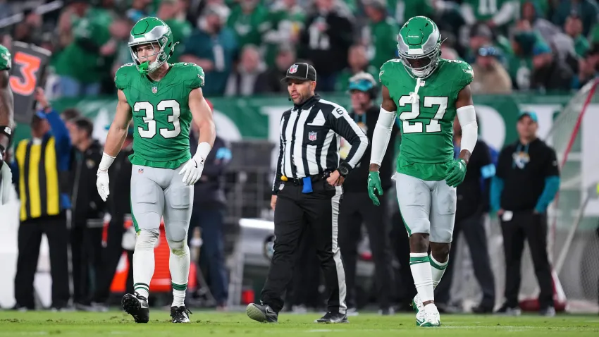 PHILADELPHIA, PENNSYLVANIA – NOVEMBER 3: Cooper DeJean #33 and Quinyon Mitchell #27 of the Philadelphia Eagles in action against the Jacksonville Jaguars at Lincoln Financial Field on November 3, 2024 in Philadelphia, Pennsylvania. (Photo by Mitchell Leff/Getty Images)