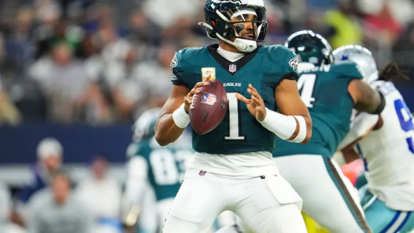 ARLINGTON, TX – NOVEMBER 10: Jalen Hurts #1 of the Philadelphia Eagles throws the ball during an NFL football game against the Dallas Cowboys at AT&T Stadium on November 10, 2024 in Arlington, Texas. (Photo by Cooper Neill/Getty Images)