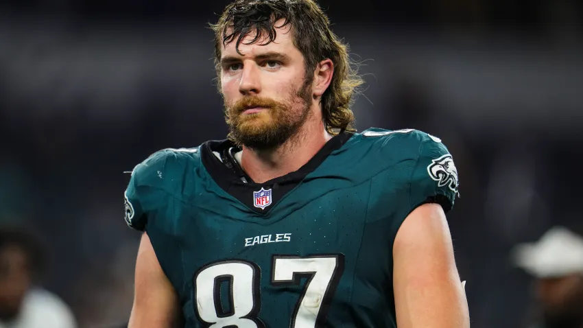 ARLINGTON, TX – NOVEMBER 10: Jack Stoll #87 of the Philadelphia Eagles walks off of the field after an NFL football game against the Dallas Cowboys at AT&T Stadium on November 10, 2024 in Arlington, Texas. (Photo by Cooper Neill/Getty Images)