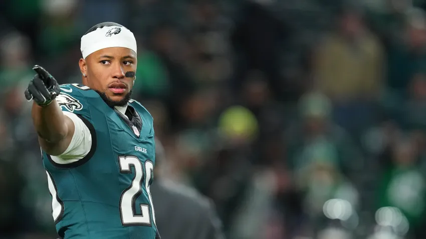 PHILADELPHIA, PENNSYLVANIA – NOVEMBER 14: Saquon Barkley #26 of the Philadelphia Eagles looks on prior to the game against the Washington Commanders at Lincoln Financial Field on November 14, 2024 in Philadelphia, Pennsylvania. (Photo by Mitchell Leff/Getty Images)