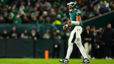 PHILADELPHIA, PA – NOVEMBER 14: Jalen Hurts #1 of the Philadelphia Eagles celebrates during an NFL football game against the Washington Commanders at Lincoln Financial Field on November 14, 2024 in Philadelphia, Pennsylvania. (Photo by Cooper Neill/Getty Images)