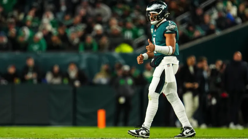 PHILADELPHIA, PA – NOVEMBER 14: Jalen Hurts #1 of the Philadelphia Eagles celebrates during an NFL football game against the Washington Commanders at Lincoln Financial Field on November 14, 2024 in Philadelphia, Pennsylvania. (Photo by Cooper Neill/Getty Images)