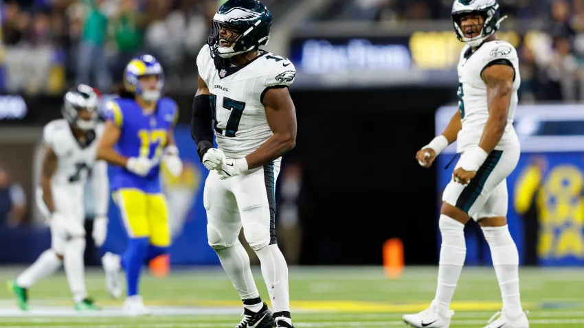 INGLEWOOD, CALIFORNIA – NOVEMBER 24: Linebacker Nakobe Dean #17 of the Philadelphia Eagles celebrates during the first half of an NFL football game against the Los Angeles Rams, at SoFi Stadium on November 24, 2024 in Inglewood, California. (Photo by Brooke Sutton/Getty Images)