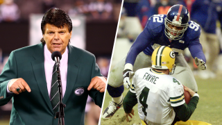 Split image of Mark Gastineau and Michael Strahan sacking Brett Favre