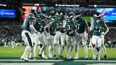 PHILADELPHIA, PENNSYLVANIA – NOVEMBER 14: Reed Blankenship #32 of the Philadelphia Eagles celebrates his interception with C.J. Gardner-Johnson #8, Darius Slay Jr. #2, Cooper DeJean #33, Moro Ojomo #97, and Quinyon Mitchell #27 against the Washington Commanders at Lincoln Financial Field on November 14, 2024 in Philadelphia, Pennsylvania. (Photo by Mitchell Leff/Getty Images)