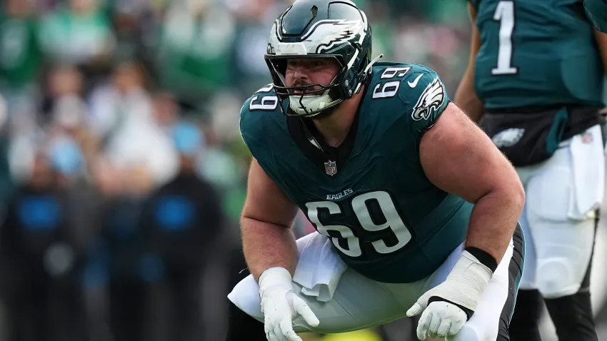 PHILADELPHIA, PENNSYLVANIA – DECEMBER 8: Landon Dickerson #69 of the Philadelphia Eagles in action against the Carolina Panthers at Lincoln Financial Field on December 8, 2024 in Philadelphia, Pennsylvania. (Photo by Mitchell Leff/Getty Images)