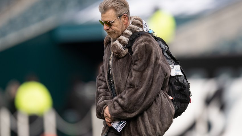 Howard Eskin wearing a fur coat and backpack.