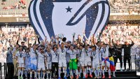 Dec 7, 2024; Carson, California, USA; LA Galaxy players celebrates after defeating the New York Red Bulls to win the 2024 MLS Cup at Dignity Health Sports Park. Mandatory Credit: Kelvin Kuo-Imagn Images