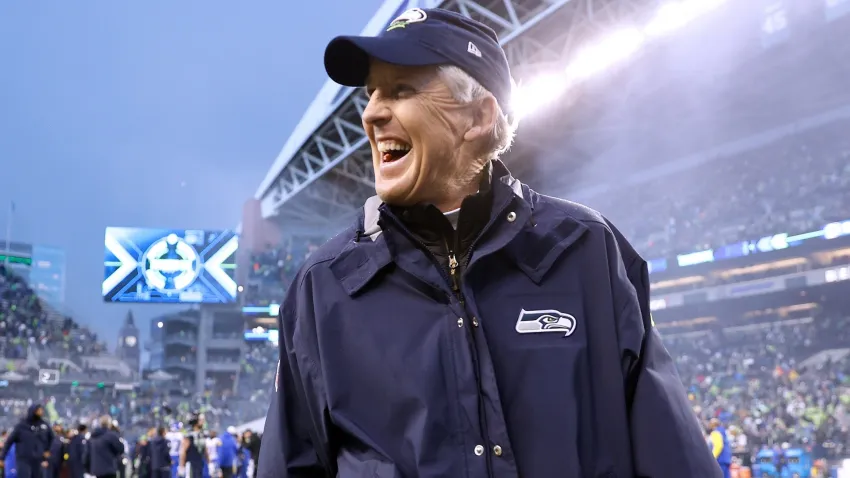 Pete Carroll smiles after a game