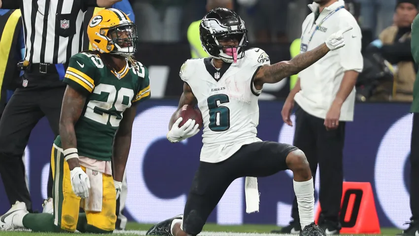 SAO PAULO, BRAZIL – SEPTEMBER 06: DeVonta Smith #6 of the Philadelphia Eagles reacts after a first down during the fourth quarter against the Green Bay Packers at Arena Corinthians on September 06, 2024 in Sao Paulo, Brazil. (Photo by Wagner Meier/Getty Images)