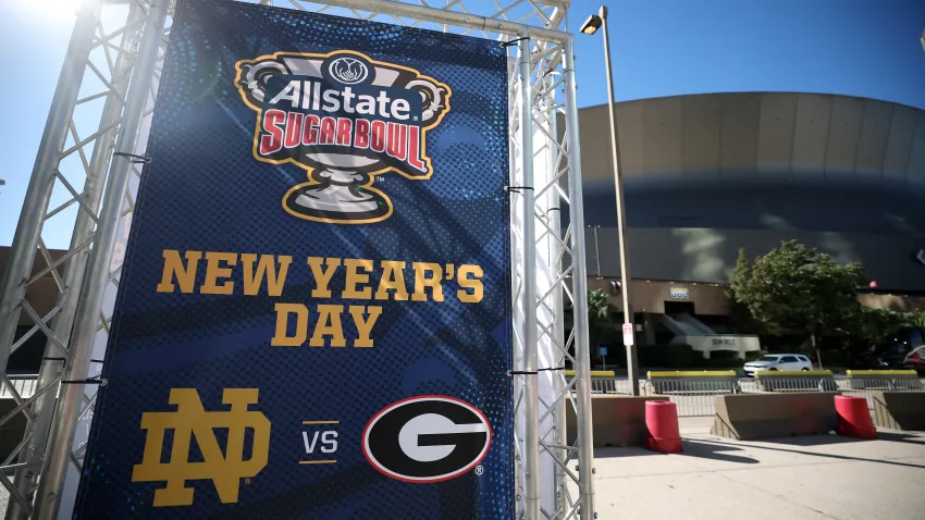 NEW ORLEANS, LOUISIANA – JANUARY 01: A sign for the Allstate Sugar Bowl between Georgia and Notre Dame is seen outside the Louisiana Superdome after at least ten people were killed on Bourbon Street when a person allegedly drove into a crowd in the early morning hours of New Year’s Day on January 1, 2025 in New Orleans, Louisiana. Dozens more were injured after a suspect in a rented pickup truck allegedly drove around barricades and through a crowd of New Year’s revelers on Bourbon Street. The suspect then got out of the car, opened fire on police officers, and was subsequently killed by law enforcement.   (Photo by Chris Graythen/Getty Images)