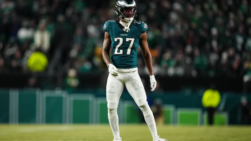 PHILADELPHIA, PA – JANUARY 12: Quinyon Mitchell #27 of the Philadelphia Eagles lines up before the snap during an NFL football wild card playoff game against the Green Bay Packers at Lincoln Financial Field on January 12, 2025 in Philadelphia, Pennsylvania. (Photo by Cooper Neill/Getty Images)