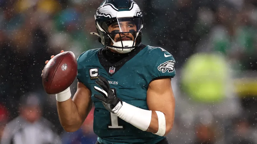 PHILADELPHIA, PENNSYLVANIA – JANUARY 19: Jalen Hurts #1 of the Philadelphia Eagles looks to pass against the Los Angeles Rams during the second quarter in the NFC Divisional Playoff at Lincoln Financial Field on January 19, 2025 in Philadelphia, Pennsylvania. (Photo by Sarah Stier/Getty Images)