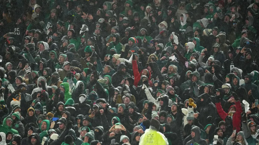 PHILADELPHIA, PENNSYLVANIA – JANUARY 19: Fans react during the fourth quarter between the Philadelphia Eagles and the Los Angeles Rams in the NFC Divisional Playoff at Lincoln Financial Field on January 19, 2025 in Philadelphia, Pennsylvania. (Photo by Mitchell Leff/Getty Images)