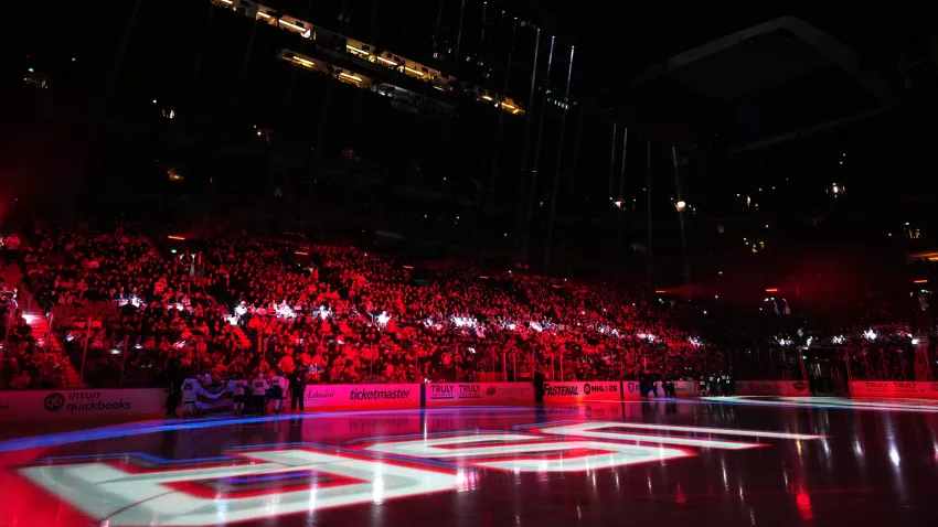 A general view of pre-game ceremonies before the 4 Nations Face-Off game between the United States and Finland at Bell Centre