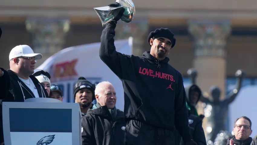 Feb 14, 2025; Philadelphia, PA, USA; Philadelphia Eagles quarterback Jalen Hurts holds the Vince Lombardi Trophy during the Super Bowl LIX championship parade and rally. Mandatory Credit: Kirby Lee-Imagn Images