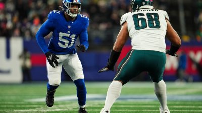 EAST RUTHERFORD, NJ – JANUARY 07: Azeez Ojulari #51 of the New York Giants rushes the passer during an NFL football game against the Philadelphia Eagles at MetLife Stadium on January 7, 2024 in East Rutherford, New Jersey. (Photo by Cooper Neill/Getty Images)