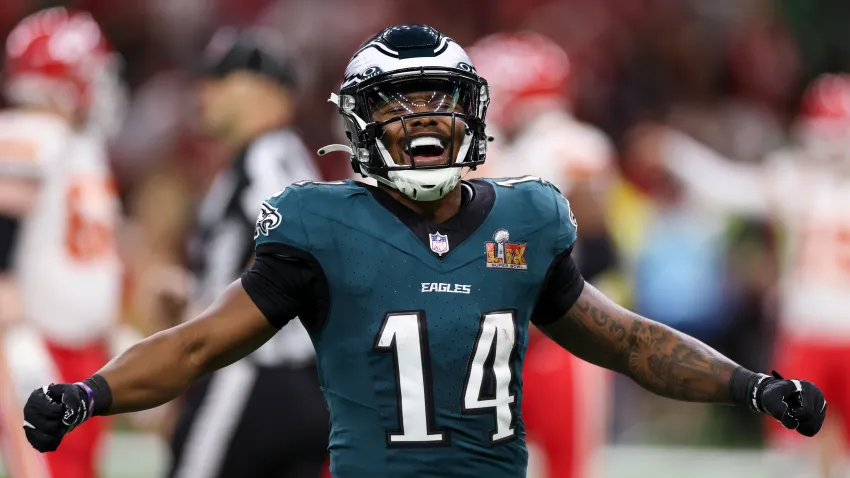 NEW ORLEANS, LOUISIANA – FEBRUARY 09: Kenneth Gainwell #14 of the Philadelphia Eagles reacts during Super Bowl LIX against the Kansas City Chiefs at Caesars Superdome on February 09, 2025 in New Orleans, Louisiana. The Eagles defeated the Chiefs 40-22. (Kara Durrette/Getty Images)