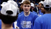 CHARLOTTE, NORTH CAROLINA – MARCH 15: Cooper Flagg of the Duke Blue Devils celebrates with his teammates following their win against the Louisville Cardinals in the championship game of the ACC men’s basketball tournament at Spectrum Center on March 15, 2025 in Charlotte, North Carolina. (Photo by Lance King/Getty Images)
